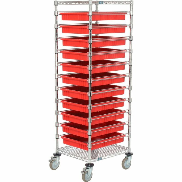 Global Industrial Chrome Wire Cart With 11 3inH Red Grid Containers, 21x24x69 269029RD